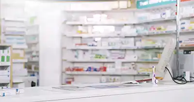 Pharmacy counter and shelves