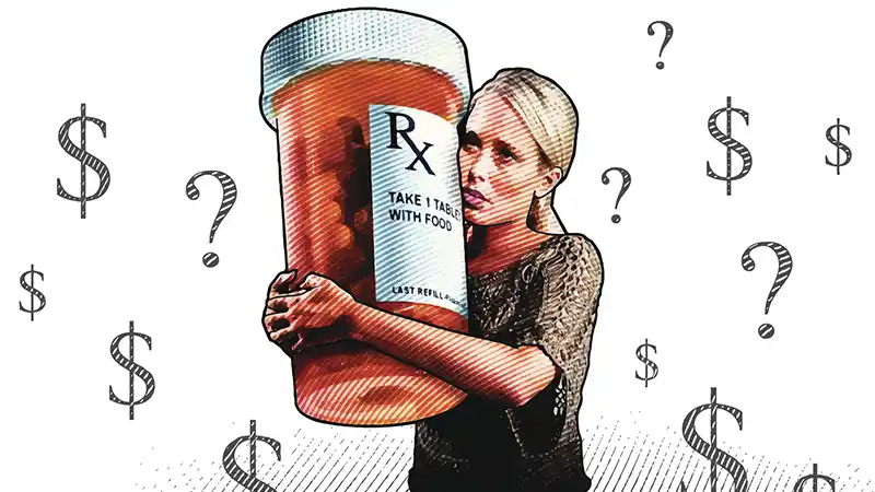woman holding large pill bottle with dollar signs and question marks surrounding